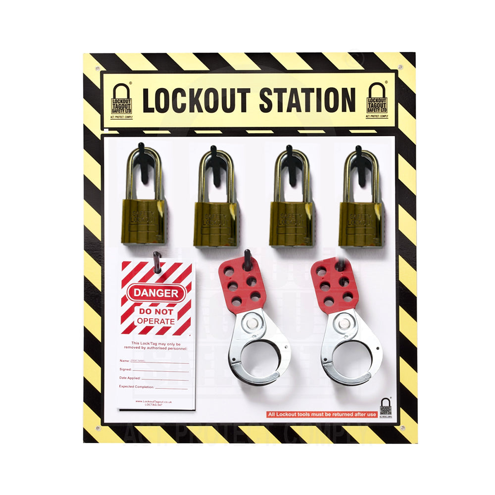 Brass Lockout Station 4 Capacity Board (Filled) Brass Lockout Station 4 Capacity Board (Filled)